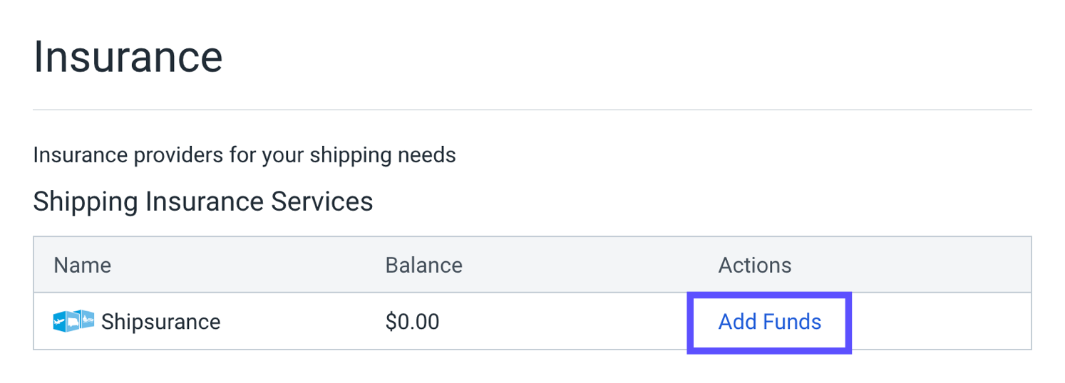 Add Funds link highlighted on the Insurance settings page in ShipStation