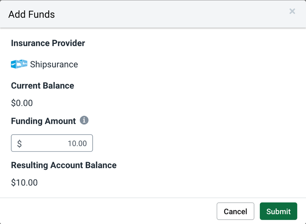 Shipsurance balance pop-up showing $10 as the funding amount