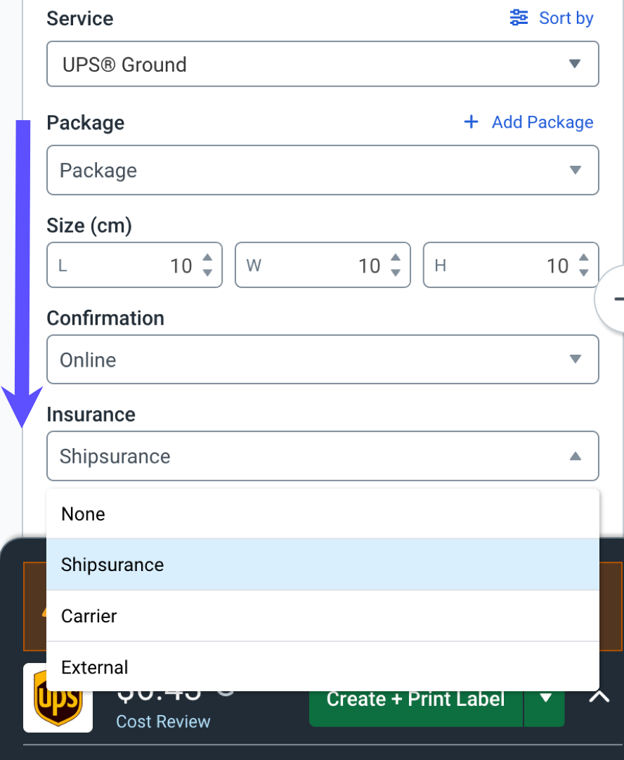 Configure Shipment Widget: Arrow points to Insurance dropdown, Shipsurance option selected