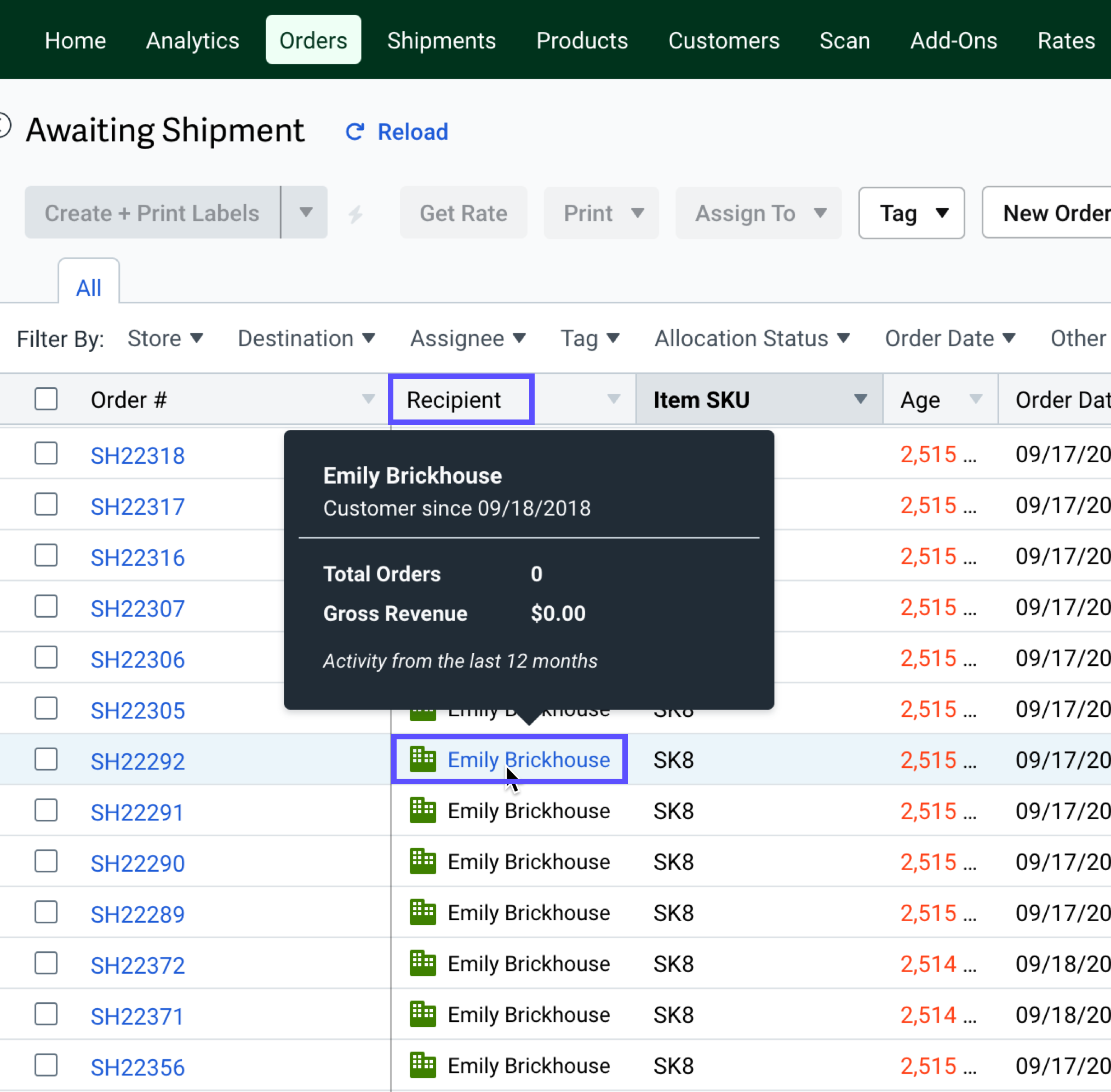 Customer history pop-up on Orders tab. Recipient column & customer name selected.