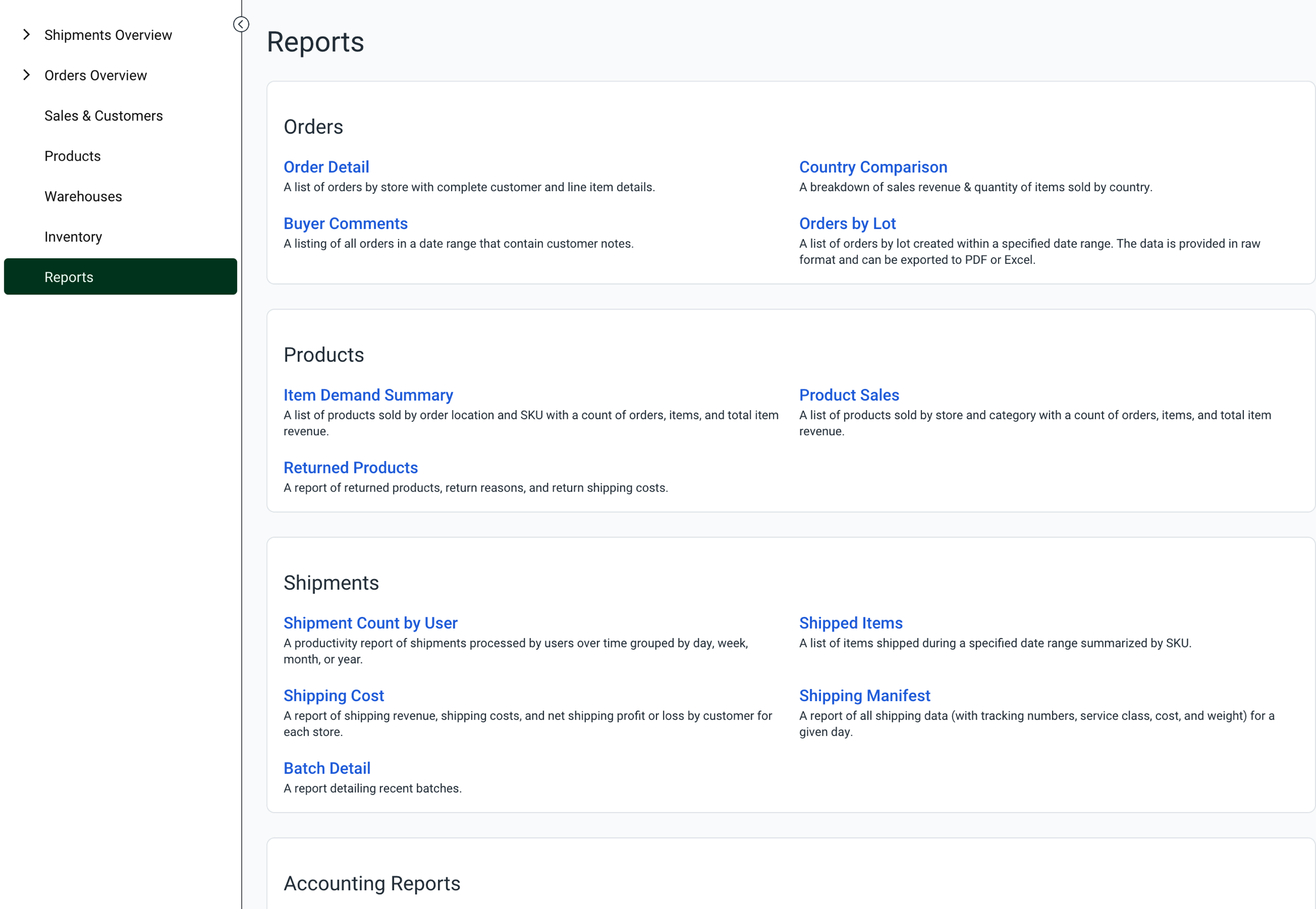 Th reports page shows available report types.