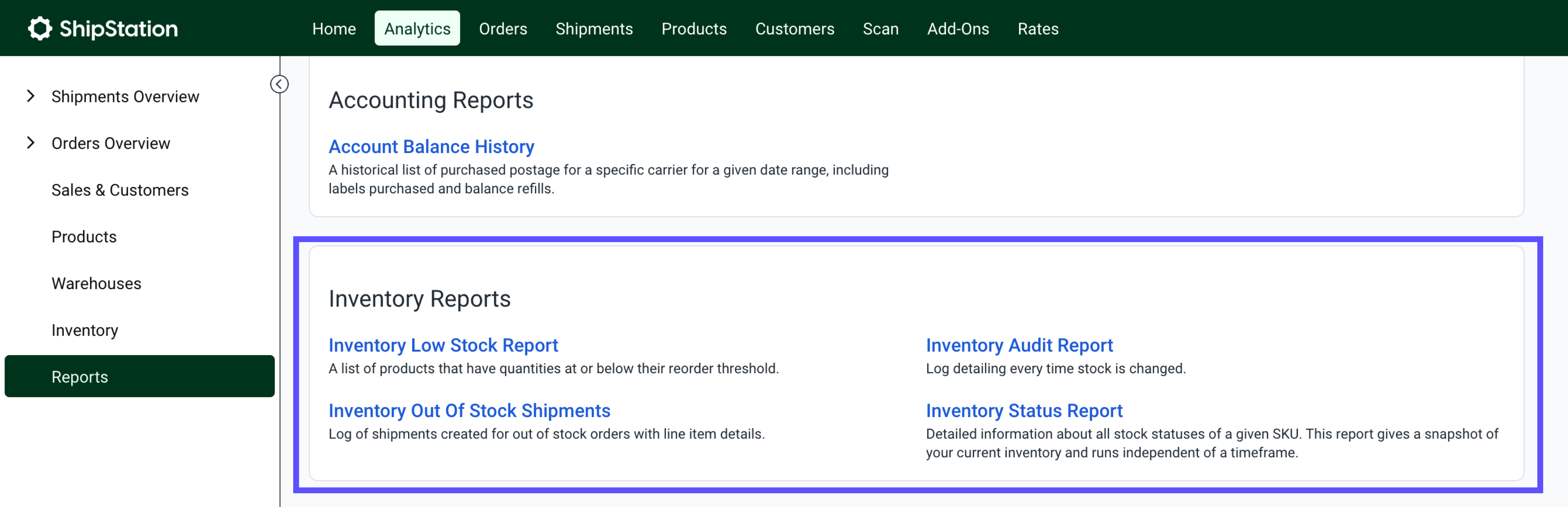 The inventory reports are marked.