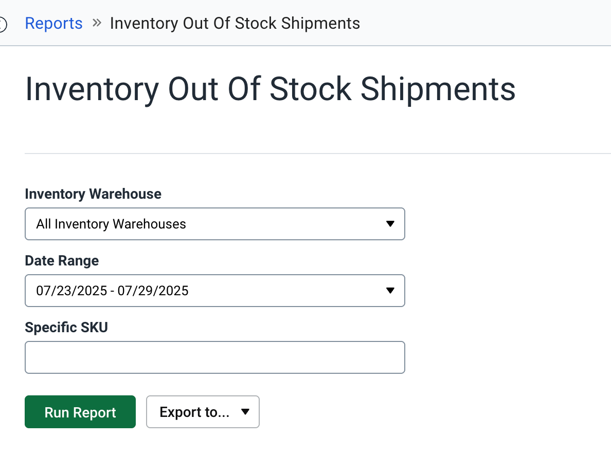 Inventory Out of Stock Shipments report download menu.