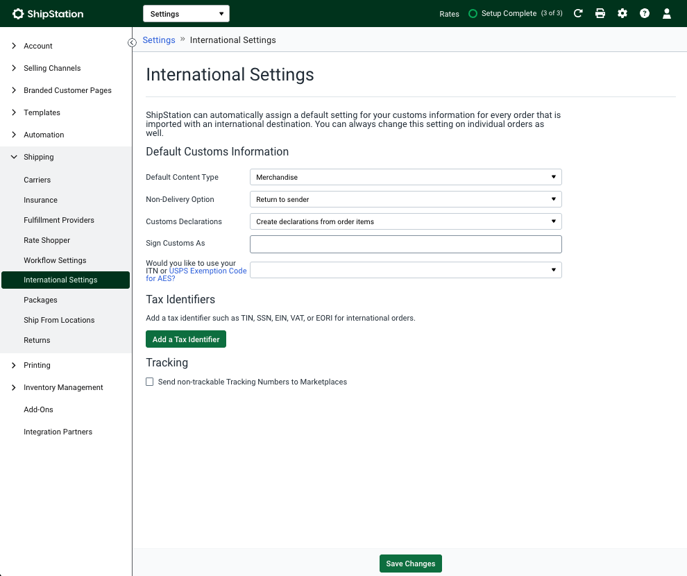 International Settings page