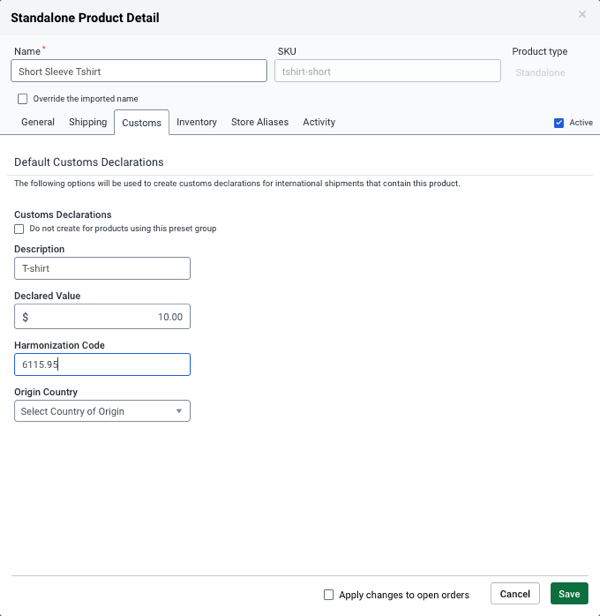 Product Details Customs tab.
