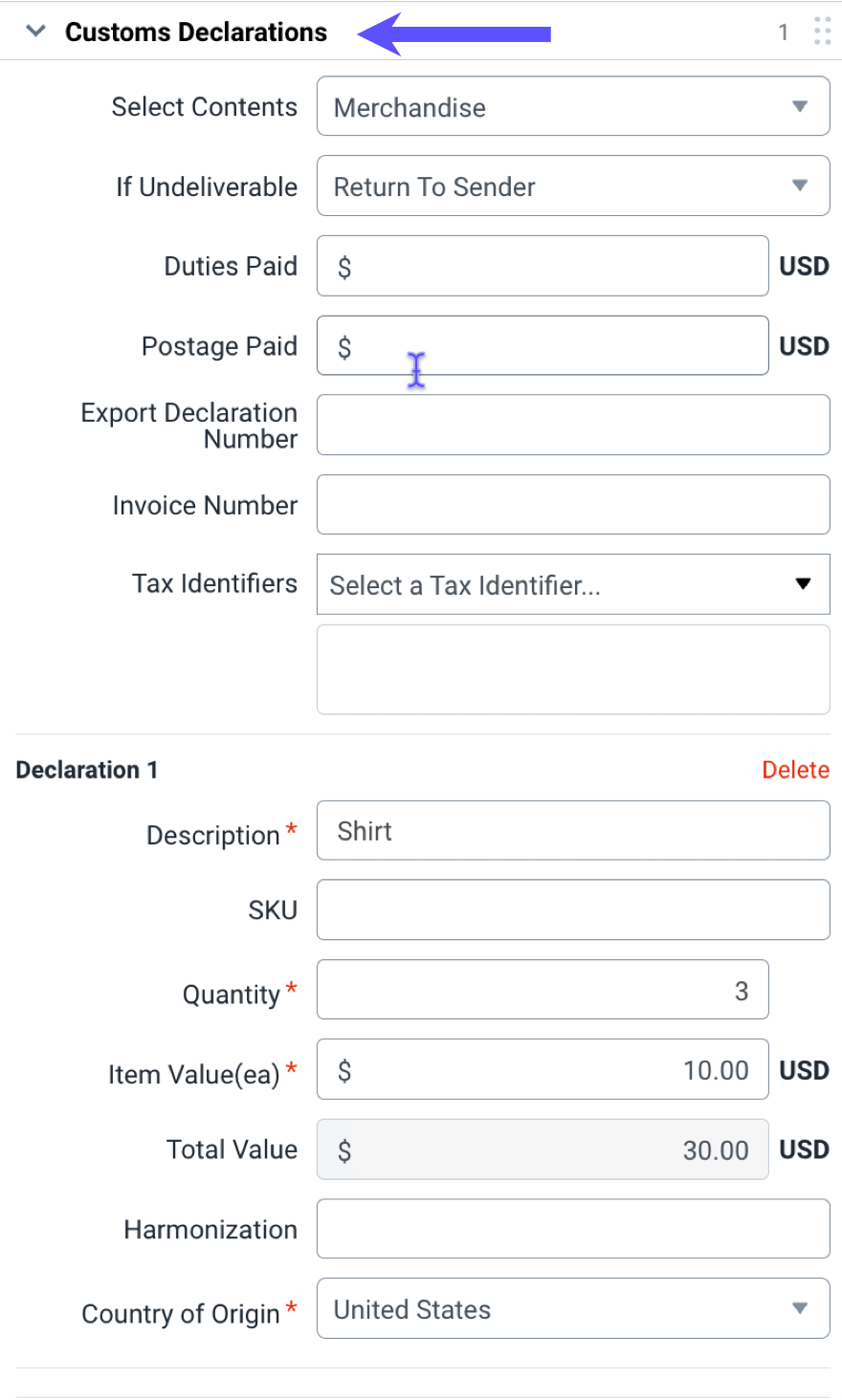Configure Shipment Widget (CSW). US-specific image. Arrow points to Customs Declaration dropdown menu.