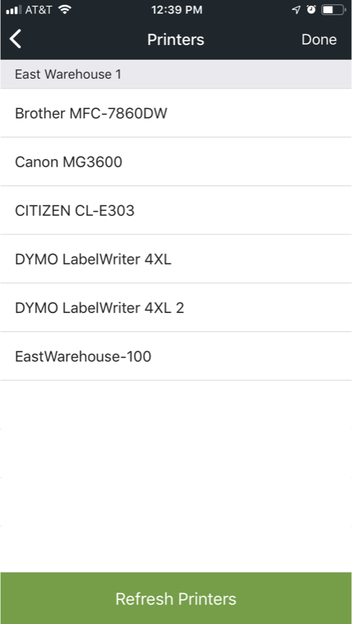 Mobile ShipStation Connect printer list
