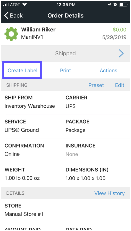 Mobile Order Details screen with Create Label button highlighted