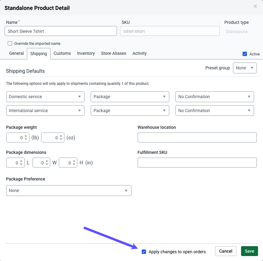 Shipping defaults tab with arrow pointing to Apply changes to open orders checkbox.