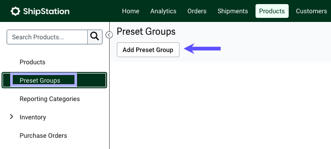 V3 Products sidebar menu with Preset Groups selected and arrow pointing to Add Preset group button.
