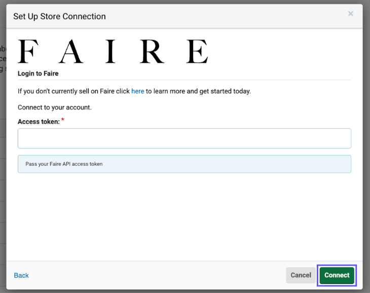 Image: Setup Connection pop-up for Faire. Access token required