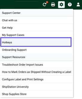 Dropdown menu for Support (question mark icon). Red box highlights Hotkeys option.