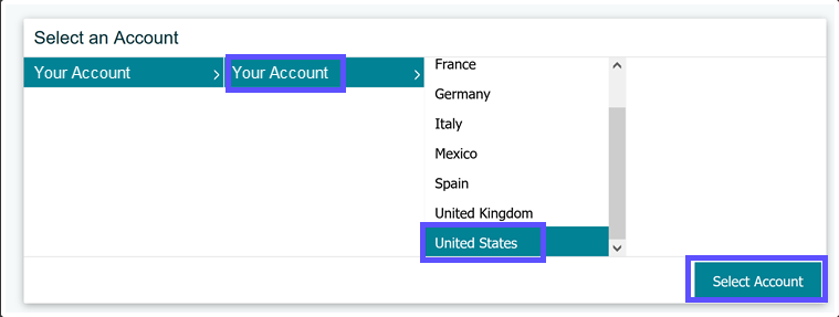 Amazon account country menu with United States option selected.
