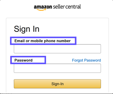 Login screen for Amazon Seller Central with Email or Phone Number and Password fields highlighted.
