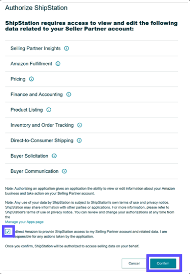 Amazon Authorize ShipStation window with Confirm button selected.
