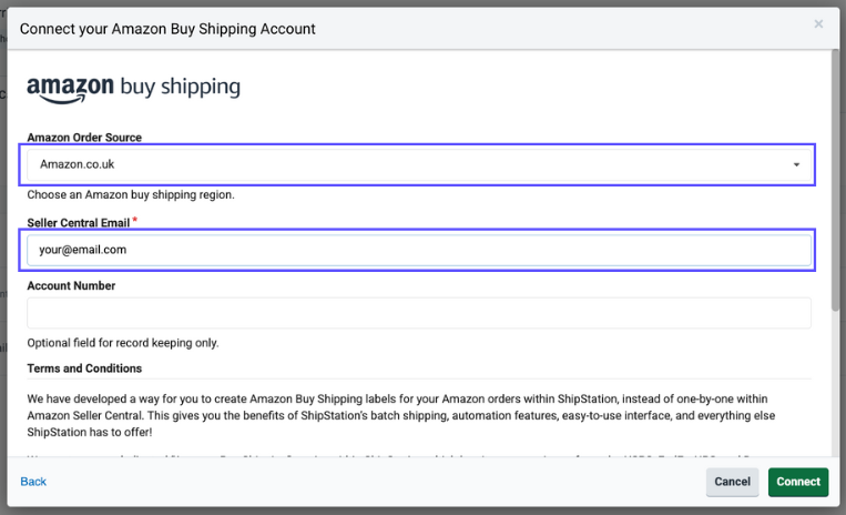 Amazon Buy Shipping API connection screen with region and developer details outlined.