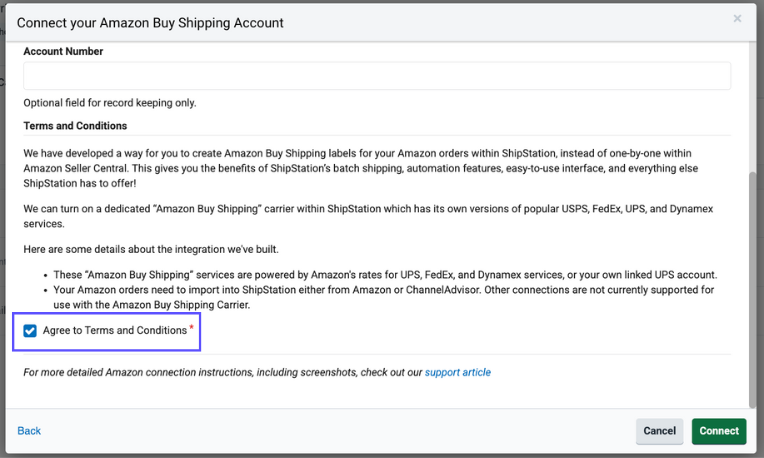Amazon Buy Shipping Terms and Conditions open in ShipStation connection window, with checkbox to agree highlighted.