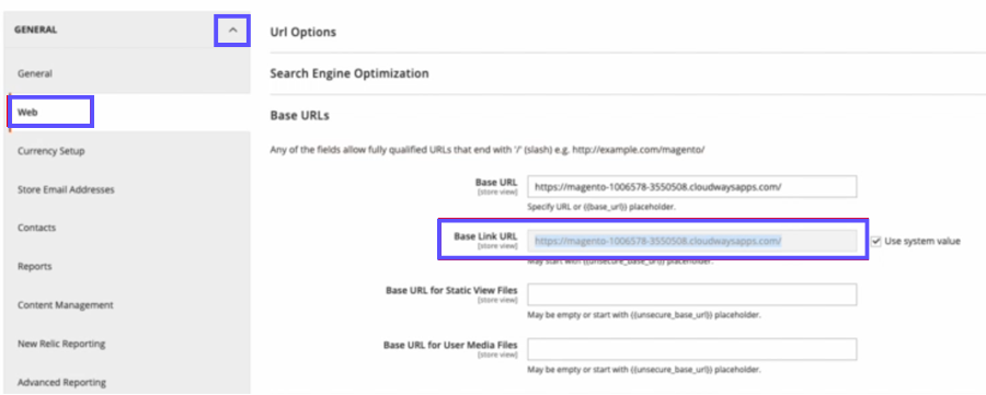The Magento admin console is open to General > Web and the Base Link URL is selected.