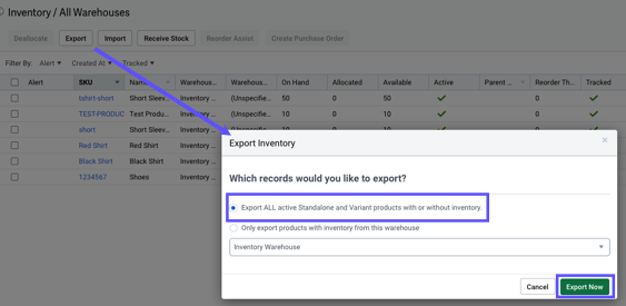 Export Inventory pop-up with Export All Active Standalone and Variant products with or without inventory highlighted.