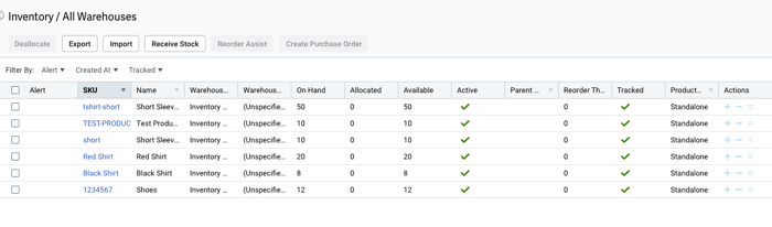 Product grid with Inventory columns displayed.