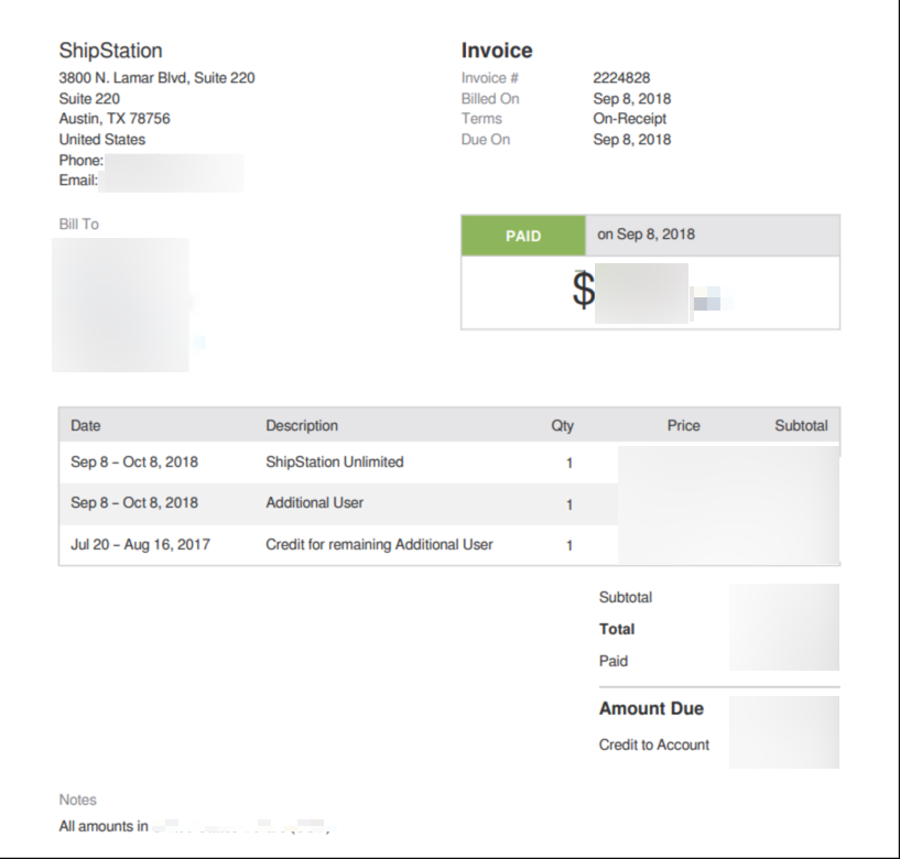 Sample Past Invoice. Lists account info, billing dates & amounts, service type, user count, & credits (if applicable).