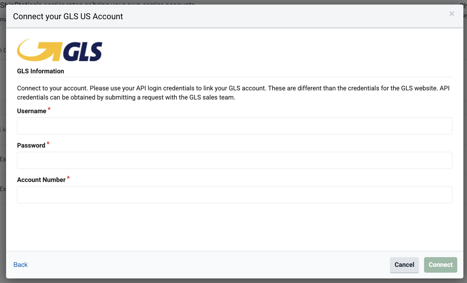 GLS connection pop-up screen displaying username, password and account number field.
