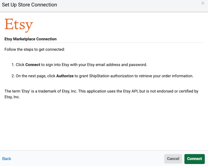 Connect your Etsy Store form with Etsy Username highlighted.