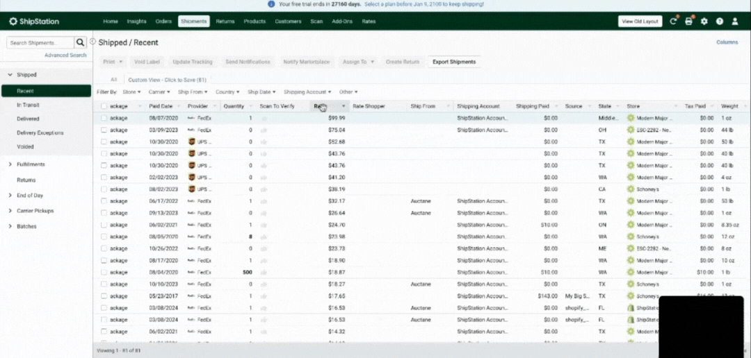 Shows how to sort shipment records by clicking column headers, arrange columns with click & drag
