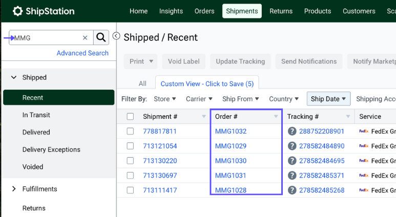 Shipment sidebar search bar with the term SH and arrow pointed Shipments menu item and highlights around the order numbers starting with SH.