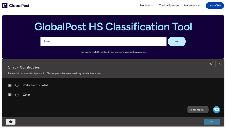 GlobalPost HS code lookup page with "Shirts" entered into search field and "Construction" options available for selection