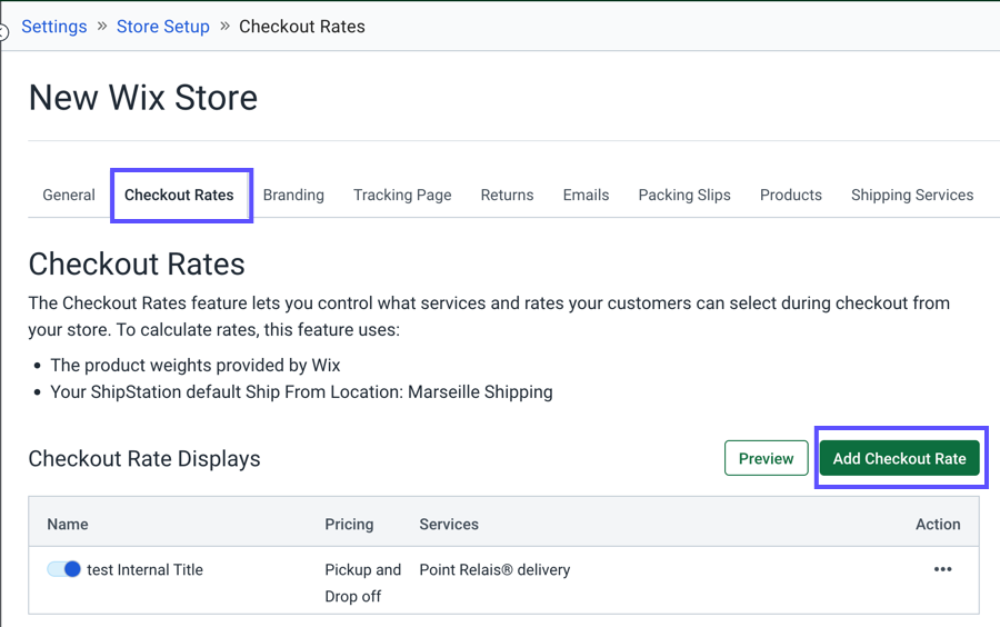 Store Setup Page. Boxes highlight the Checkout Rates tab & the Add Checkout Rate button