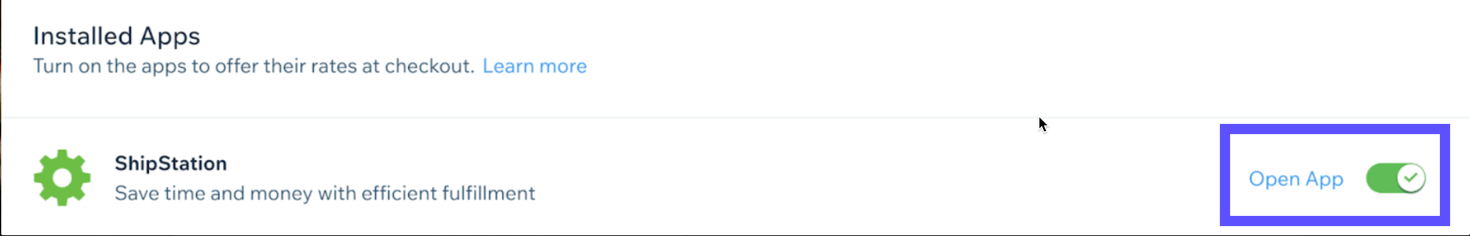Wix Apps setting, ShipStation toggle set to on.