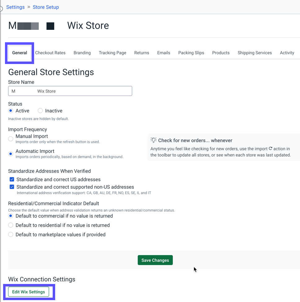 Settings > Store Setup > General tab. Box highlights Edit {Your Store} Settings button.