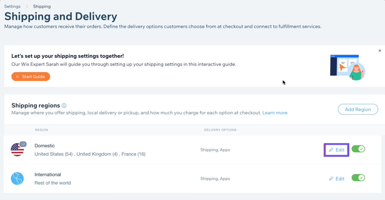 Wix Dashboard Store Shipping page. Edit Shipping Rule link highlighted.