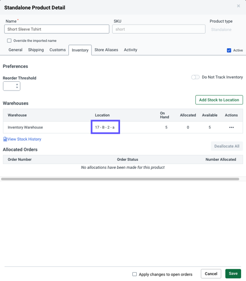 V3 Inventory tab with location column highlighted.