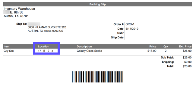 Location column highlighted in red box on example packing slip, with sample warehouse location "17-B-2-a"