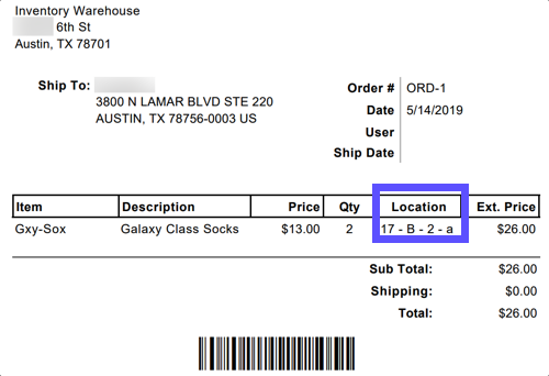 Custom packing slip with example inventory location "17-B-2-a" highlighted in Location column.
