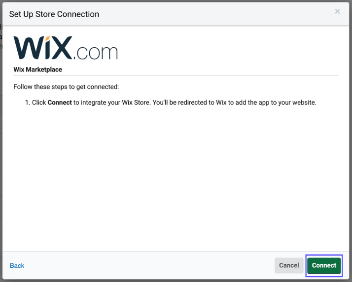 Wix store connection pop-up, arrow points to Connect button.