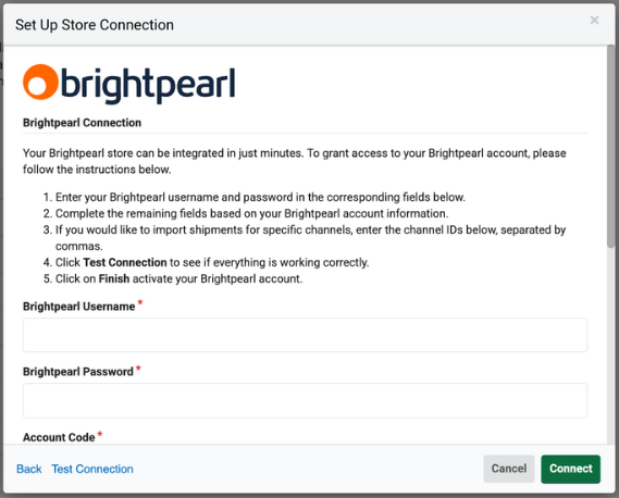 Brightpearl connection form fields in ShipStation settings
