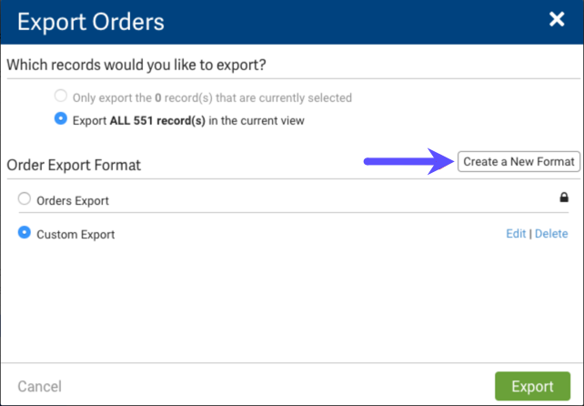 Export Orders pop-up. Red arrow points to Create a New Format button