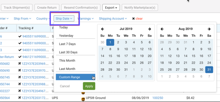 Shows the Ship-Date filter dropdown menu