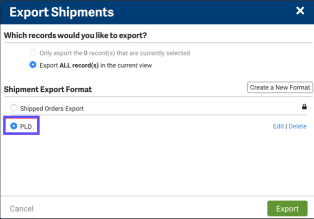 Box shows PLD selected in the Export Shipments pop-up.
