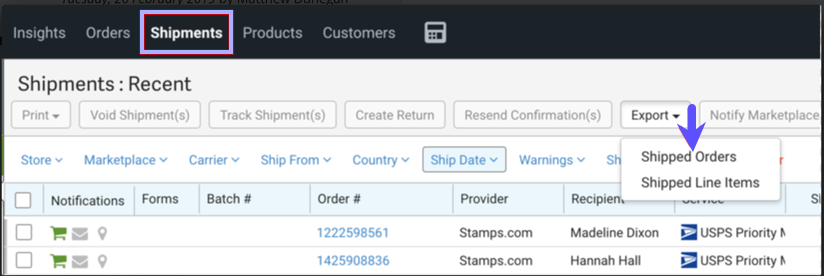 Shipments tab highlighted with arrow pointing to Export drop-down menu options: Shipped Orders and Shipped Line Items.