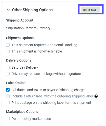 The Bill to Payor option is displayed in the other shipping options section heading.