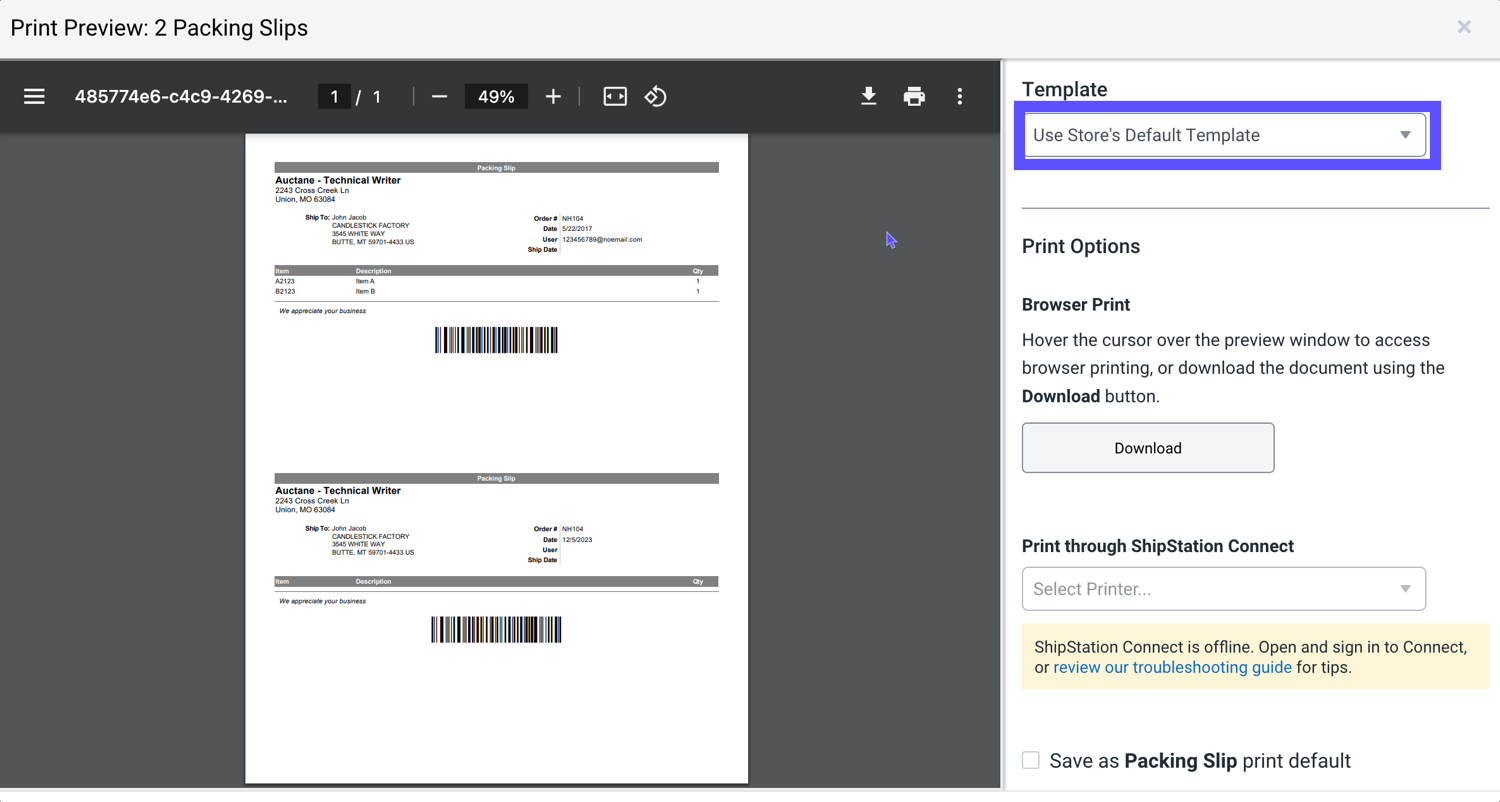 Print preview open of packing slip with Template name highlighted