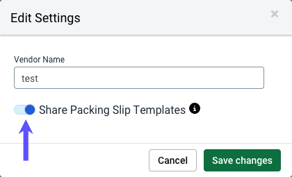 Edit settings modal on Fulfillment providers page with Share Packing Slip Templates marked