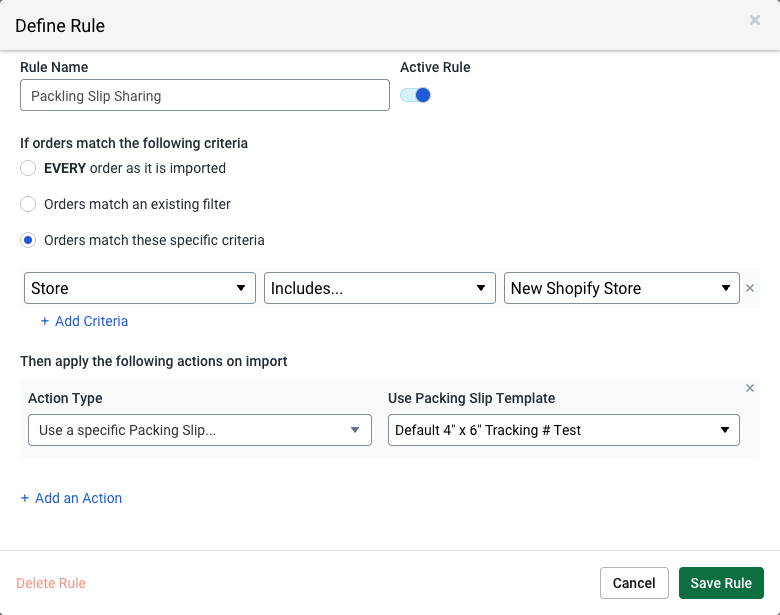 Define Rule section of Automation Rules showing to Use a specific packing slip for specific orders