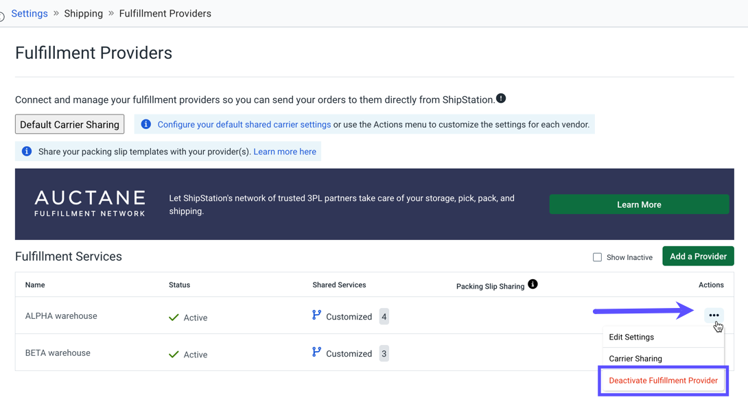 Fulfillment Providers page shows Vendors list. An arrow points to a vendor action menu & Deactivate Vendor is marked in the drop-down.