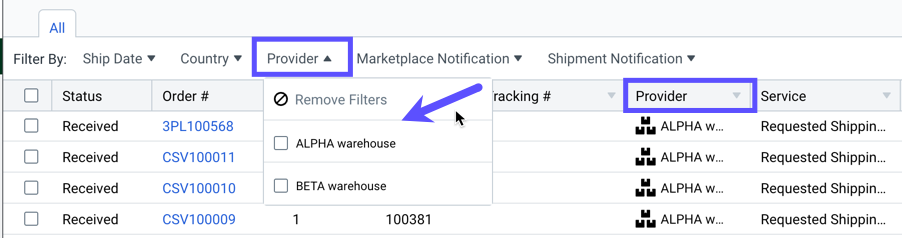 The Provider filter is marked with an arrow pointing to the provider dropdown. The provider column is marked that shows the selected vendor.