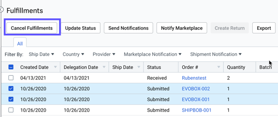 Shows Fulfillment orders selected and the Cancel Fulfillments button